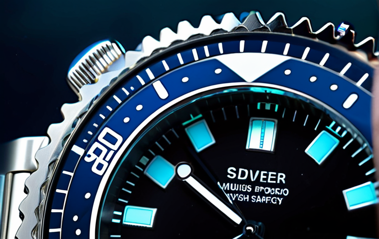A close-up of a diver's watch bezel, highlighting the luminous markers and unidirectional rotation, with a blurred underwater background suggesting depth and safety.