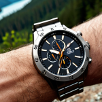 A close-up shot of a lightweight titanium watch on a wrist, highlighting its comfort and suitability for active lifestyles during outdoor activities like hiking.