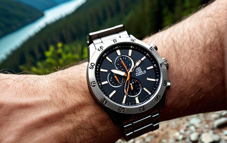 A close-up shot of a lightweight titanium watch on a wrist, highlighting its comfort and suitability for active lifestyles during outdoor activities like hiking.