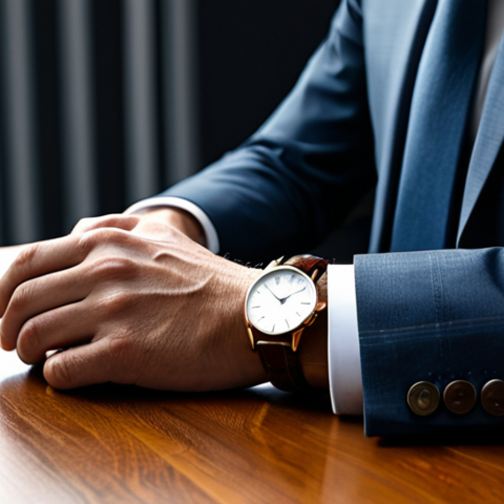 A professional, elegant person, fully clothed in a modest, tailored business suit, is seated at a polished wooden desk in a quiet, minimalist study. Their hand, with well-formed fingers and perfect anatomy, rests gently on the desk, showcasing a classic analog watch with a leather strap. The watch features intricate dial details and a subtle gleam. The background is softly blurred, evoking a sense of calm and focused contemplation. The scene is well-lit with soft, natural light, highlighting the watch's timeless design and craftsmanship. safe for work, appropriate content, fully clothed, professional, correct proportions, natural body proportions, high quality, professional photography.
