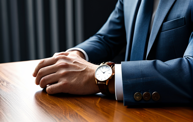 A professional, elegant person, fully clothed in a modest, tailored business suit, is seated at a polished wooden desk in a quiet, minimalist study. Their hand, with well-formed fingers and perfect anatomy, rests gently on the desk, showcasing a classic analog watch with a leather strap. The watch features intricate dial details and a subtle gleam. The background is softly blurred, evoking a sense of calm and focused contemplation. The scene is well-lit with soft, natural light, highlighting the watch's timeless design and craftsmanship. safe for work, appropriate content, fully clothed, professional, correct proportions, natural body proportions, high quality, professional photography.