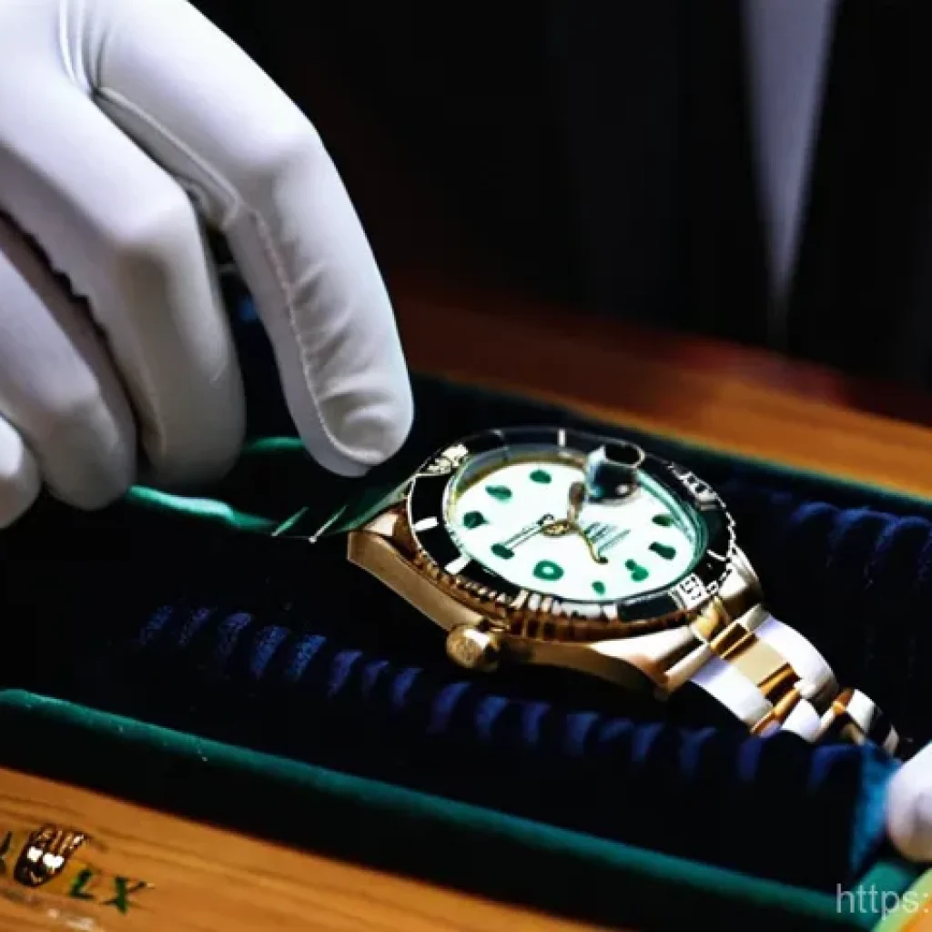 롤렉스 중고 시계 매매 가이드 - **Prompt 1:** A close-up, high-definition shot of a luxury watch expert's hands meticulously examini...