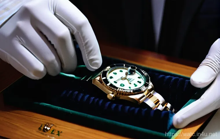 롤렉스 중고 시계 매매 가이드 - **Prompt 1:** A close-up, high-definition shot of a luxury watch expert's hands meticulously examini...